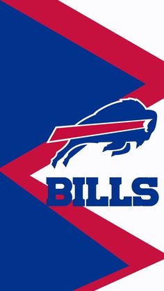 the buffalo bills logo on a blue, red and white striped background with an arrow