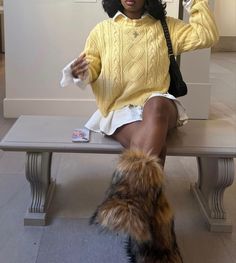 Fur Boots Outfit Ideas, Skirt With Fur Boots, Cardigan And Skirt Outfit Black Women, White Boots Outfit Black Women, Brown Fur Boots Outfit, Fits With Fur Boots, Fur Boots Outfit Black Women