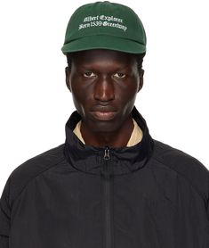 Cotton twill cap in green. · Embroidered eyelets at crown · Text embroidered at face · Flat brim · Cinch fastening Supplier color: Green Green Cap For Streetwear, Green Baseball Cap With Logo Patch And Curved Brim, Green Hats With Logo Patch For Streetwear, Green Visor Hat With Embroidered Logo, Green Flat Cap For Spring, Green Snapback Hat For Spring Streetwear, Green Embroidered Logo Visor Hat, Green Flat Brim Hat With Logo Patch, Green Curved Brim Baseball Cap For Streetwear