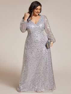 Plus Size V-Neck Lantern Long Sleeve Sequin A-Line Evening Dress #color_Sliver Prom Dresses Plus Size With Sleeves, Plus Size Fancy, Plus Size Fancy Dresses, Infinity Gown, Wedding Guest Gowns, Evening Gowns With Sleeves, A Line Evening Dress, Plus Size Gowns, Radiate Confidence