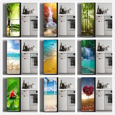 a series of doors with pictures of different types of refrigerators and appliances on them