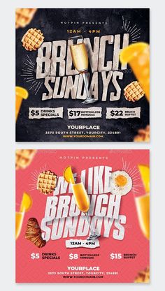 two different flyers for a brunch and breakfast party with waffles, orange juice