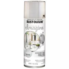 the spray can is white and has silver paint on it's side, which says rust - oleum