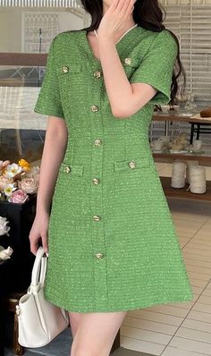 Green tweed wool midi dress with long sleeves and front buttons. Perfect for spring and winter to keep you warm. Korean fashion elegant dressy classy style for women and lady. Tight fit. Casual Tweed Knee-length Dress, Elegant Green Dress With Button Closure, Summer Tweed Dress With Buttons, Chic Green Mini Dress With Buttons, Knee-length Buttoned Tweed Dress For Office, Green Buttoned Midi Dress For Party, Spring Tweed Mini Dress With Buttons, Green Buttoned Midi Party Dress, Knee-length Tweed Dress With Buttons For Office