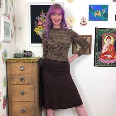 "Vintage Sweater Knit Skirt Set, 1970s Brown Space Dye Knit Top with Solid Brown Knit Skirt, Size S Mockneck sweater with A-line skirt, made by The Knit Group, by E. Eysen.  The top has a slim fitting cut, is slightly cropped, and has a low mock neck.  The skirt is a pretty and classic a-line cut and hits around the knee.  This is a lovely set to wear to work, or for an afternoon out with friends.   There are no fiber content or size tags.  There is a \"dry clean only\" tag, but this has been machine washed on a delicate cycle (air dried), and it did lovely! Fiber feels like a soft wool or a wool blend, and it is not itchy.  Measures like a modern size small.  Shown on a model who wears a size small top and medium bottom . For best fit, please compare the measurements below to your own, or Vintage Long Sleeve Stretch Sweater, Retro Fitted Long Sleeve Sweater, Retro Fitted Sweater For Work, Fitted Vintage Sweater For Work, Vintage Fitted Turtleneck Sweater, Fitted Long Sleeve Vintage Sweater, Brown Knit Skirt, Knit Skirt Set, Sweater Knit Skirt