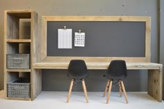 two chairs are sitting in front of a blackboard with writing on it and some shelves