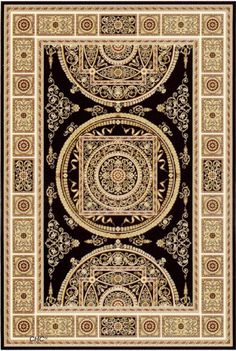 a black and gold rug with an intricate design on the bottom, in different colors