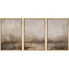 three abstract paintings on a white wall, each with an image of a lake in the background