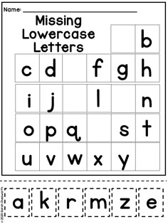 the missing lowercase letters worksheet is shown in black and white, with an upper