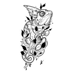 a drawing of a lizard with flowers and leaves on it's back side, in black and white