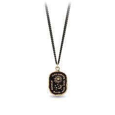 This talisman reads 'J'les Conjure Tous Pour Votre Bonheur' in French, meaning 'I Conjure Them All for Your Happiness.' The sun, moon and stars represent love without limits. Black Symbolic Jewelry With Adjustable Chain, Symbolic Black Jewelry With Adjustable Chain, Symbolic Black Necklace With Adjustable Chain, Black Brass Spiritual Jewelry, Black Brass Amulet Jewelry, Symbolic Black Brass Necklace, Black Tarnish-resistant Brass Jewelry, Black Engraved Brass Necklaces, Symbolic Black Jewelry With Charms