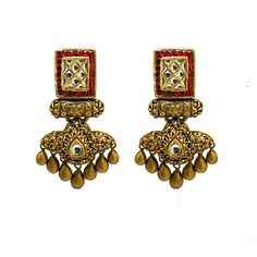 22K Yellow Gold Temple Necklace & Earring Set W/ Kundan & Rubies on Jewelled Double Drop Square Pendant for women. This absolutely stunning Temple earrings and necklace set features a square accent embellished with radiant Kundan and rubies. it also features a design of heavily detailed accents throughout its collar and double drop pendant. The necklace is 15 inches long with a width range of 2.5-11mm. Its pendant is 75 mm long and 55 mm wide. Each earring features a screw back posts for easy we 22k Gold Dual-tone Jewelry For Celebrations, Dual-tone 22k Gold Jewelry For Celebrations, Dual-tone Kundan Jewelry, Designer Gold Jewelry With Meenakari, Formal Temple Jewelry Kundan Necklace With Matching Earrings, Traditional Dual-tone Gold Jewelry, Festive Kundan Necklace With Matching Earrings For Formal Occasions, Dual-tone Gold Plated Jewelry, Dual-tone Temple Jewelry For Formal Occasions