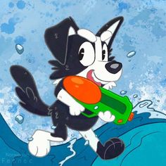 a black and white dog holding a skateboard in its mouth while running through the water