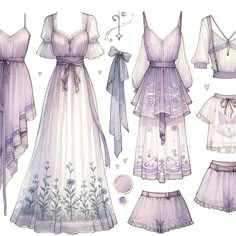 paper dolls are dressed up in purple and white dresses with bows on the waistline