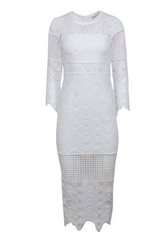 Current Boutique-Premonition - White Crochet Long Sleeve Maxi Dress Sz 2 Elegant White Crochet Dress With Scalloped Lace, Luxury White Pointelle Knit Dress, Spring Long Sleeve Pointelle Knit Crochet Dress, Chic Long-sleeved Lace Crochet Dress, Chic White Crochet Dress With Hollow-out Details, French Girl Chic, Chic Shop, Crochet Details, Long Sleeve Maxi