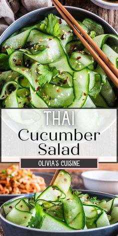 thai cucumber salad in a bowl with chopsticks next to it and the title overlay reads thai cucumber salad