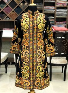 Jacket, Long Jacket, Embroidered Jacket for Woman, Kashmiri Jacket, Black Kashmir Jacket, Embroidery Black Embroidered Winter Outerwear, Multicolor Embroidered Outerwear With Stand Collar For Fall, Black Embroidered Long Sleeve Outerwear, Traditional Black Outerwear With Floral Embroidery, Traditional Black Long Sleeve Outerwear, Traditional Fitted Long Sleeve Outerwear, Winter Outerwear With Floral Embroidery And Stand Collar, Embroidered Winter Outerwear With Stand Collar, Embroidered Stand Collar Outerwear For Fall