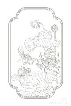 a black and white drawing of flowers in a frame