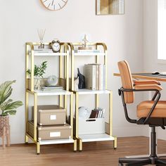 a room with a chair, desk and bookshelf next to a clock on the wall