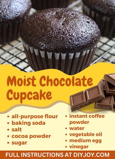 chocolate cupcakes on a cooling rack with text overlaying the top that says, most chocolate cupcake