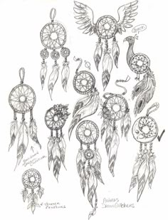 some drawings of dream catchers and feathers