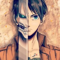 an anime character with blue eyes and a skull on his face, standing in front of a wall