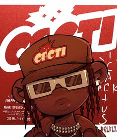 a drawing of a person wearing sunglasses and a hat with the word cool on it