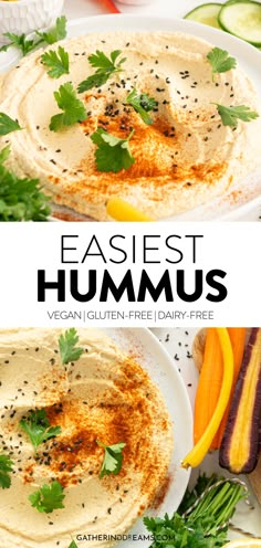 hummus made with fresh herbs and spices in the middle, on a white plate