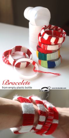 several different types of bracelets are being made from empty plastic bottles and thread spools