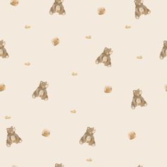 a brown teddy bear sitting on top of a white floor next to a wallpaper