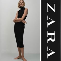 Zara Ribbed Sleeveless Turtleneck Midi Dress In Black Simple, Sexy, And Stunningly Chic Dress. Lightweight, Very Stretchy, Slinky Microribbed Fabric. Subtle Ruching At Left Hip. Fold-Down Turtleneck. Midi Length Nwt Size: S Bust: 12" (Armpit To Armpit) Shoulders: 9" Length: 43" Sleeves: Sleeveless Pockets: No Material: 95% Cotton 5% Elastane Color: Black Neckline: Turtleneck Closure: Pullover Machine Wash Sleeveless Turtleneck Dress Outfit, Turtle Neck Dress Outfit, Turtleneck Dress Sleeveless, Short Satin Dress, Turtleneck Midi Dress, White Bridal Dresses, Sleeveless Turtleneck, Usa Dresses, Ribbed Knit Dress