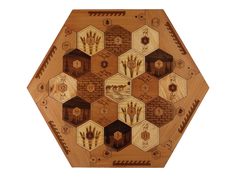 a wooden box with several designs on the lid and sides, inlaid to look like hexagonals