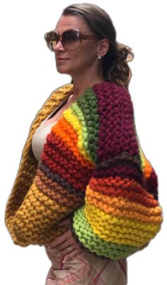 Multicolor Knitted Sweater Coat For Fall, Multicolor Knitted Sweater Coat For Winter, Multicolor Chunky Knit Outerwear, Cozy Knitted Multicolor Cardigan, Acrylic Knitting Pattern For Fall, Cozy Multicolor Knitted Cardigan, One Size Acrylic Yarn Cardigan For Fall, Oversized Multicolor Wool Sweater, One Size Yarn Cardigan For Fall