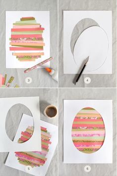 the steps to make a diy paper circle with strips of tape and glue on it