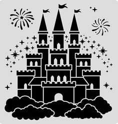 a black and white drawing of a castle with fireworks