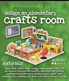 an advertisement for a children's craft room with the words, design and elementary crafts room