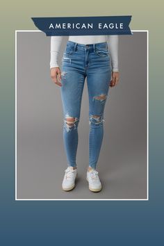 Next Level Stretch/Our softest, stretchiest, never-loses-its-shape denim/Won't bag out. Ever./Medium wash/Ripped Everyday Stretch Distressed Jeans, Everyday Stretch Distressed Bottoms, Stretch Distressed Bottoms For Everyday, Distressed Stretch Bottoms For Everyday, Mid-rise Light Wash Jeggings For Fall, High Rise Stretch Distressed Jeggings, Ripped Stretch Jeggings For Fall, Ripped Bottoms For Everyday Fall Wear, High-rise Light Wash Jeggings For Fall