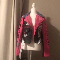 -Pretty Much New. Never Wore It Outside After I Took The Tags Off -Size Medium (Dressform Is Size 2-4) -Faux Leather Jacket With Silver Studs And Grommets -Zipper Wrist -“Tagged” Look B5 Fitted Pink Leather Jacket For Winter, Spring Long Sleeve Pink Leather Jacket, Fitted Pink Biker Jacket For Winter, Pink Leather Jacket For Winter, Pink Fitted Punk Biker Jacket, Pink Fitted Long Sleeve Biker Jacket, Fitted Pink Outerwear For Fall, Edgy Fitted Multicolor Outerwear, Trendy Pink Leather Jacket For Spring