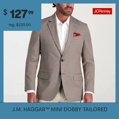 Discover timeless sophistication with the j. M. Haggar mini dobby tailored sport coat—an epitome of refined style and meticulous craftsmanship. Embrace the tailored fit that accentuates your silhouette, coupled with a 2-button closure and a classic notched lapel for a look that seamlessly merges modernity with tradition. The center back vent ensures both comfort and ease of movement, while the 4 sleeve buttons and hacking flap pockets add exquisite detailing to this sartorial masterpiece. Revel… Sport Coats, Refined Style, Sport Coat, Flap Pocket, Stretch Fabric, Fabric, Free Shipping, Tweed Jacket