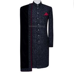 Hand Embellished Black Velvet Sherwani Shawl For Groom Black Sherwani For Winter Wedding, Black Wedding Sherwani For Winter, Designer Embellished Long Sleeve Sherwani, Black Winter Wedding Sherwani, Black Designer Wear Sherwani For Winter, Black Designer Sherwani For Winter, Designer Black Sherwani For Winter, Designer Winter Black Sherwani, Traditional Embellished Semi-stitched Sherwani