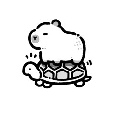 a black and white drawing of a turtle with a bear on it's back