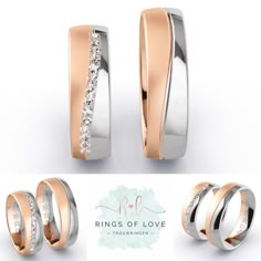 three different types of wedding rings with diamonds on each side and the words, rings of love