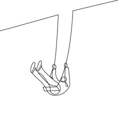 a single line drawing of a person hanging upside down on a rope with their feet in the air