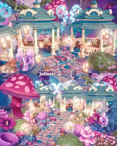 an image of a fairy land with mushrooms and flowers