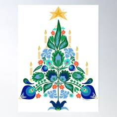 a colorful christmas tree with candles and birds in the center, against a white background poster