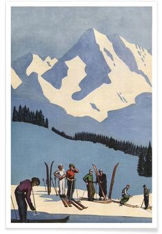 a painting of people on skis and snowboards in front of a snowy mountain