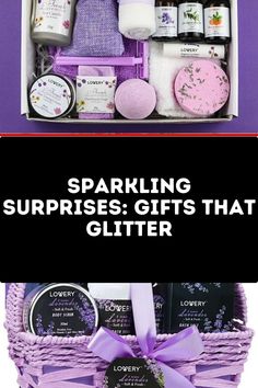 a purple gift box filled with lots of different items and the words sparkling surprises gifts that glitter