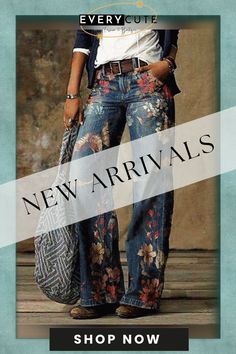 Blue Floral Casual Print Pants Bohemian Denim Blue Bottoms For Fall, Blue Floral Print Wide Leg Jeans, Floral Print Non-stretch Wide Leg Jeans, Non-stretch Floral Print Wide Leg Jeans, Non-stretch Wide Leg Jeans With Floral Print, Non-stretch Wide Leg Floral Print Jeans, Non-stretch Wide Leg Floral Jeans, Blue Bohemian Wide Leg Jeans, Bohemian Blue Pants For Fall