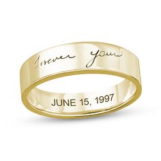 Create a personalized symbol of love that's meaningful to you with this engravable handwriting ring in 10K gold. Fashioned in warm 10K gold This 5.0mm-wide band showcases your or your loved one's actual handwriting - expertly transferred onto the top of the band using the latest technology. Further customize the look with a hidden message - up to 20 characters in length - inscribed along the inside of the shank. Ready for all-day wear, the inside of the shank is rounded for comfort. Please follo Handwriting Ring, Please Respond, Text Messaging, Hidden Message, Peoples Jewellers, Photo Pendant, Order Confirmation, Personalized Rings, 1 Image