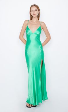 Ren Split Maxi Formal Bridesmaid Dress in Emerald Green by Bec + Bridge Full-length Satin Dress With Side Slits, Fitted Satin Dress With Side Slits For Gala, Glamorous Bias Cut Maxi Length Slip Dress, Glamorous Bias Cut Maxi Slip Dress, Satin Gown With Side Slits And Floor-length, Fitted Silk Satin Dress With Side Slits, Fitted Long Satin Slip Dress, Glamorous Maxi Slip Dress For Gala, Fitted Satin Dress With Side Slits For Evening